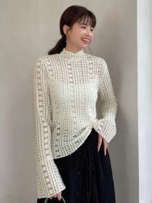 Áo thun tay loe cổ bẻ tay dài mỏng nhẹ dành cho nữ, Quần áo nữ mùa thu - Màu be - Xem 4