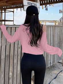 DAZY 1 Áo thun dài tay hở vai màu trơn đơn giản, thời trang xuân/thu, áo trễ vai - Bụi hồng - Xem 2