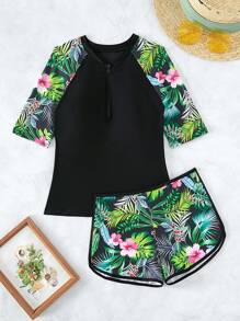 SHEIN Swim Tropical Print Zipper Front Rashguard,Summer Beach - Multicolor - View 7