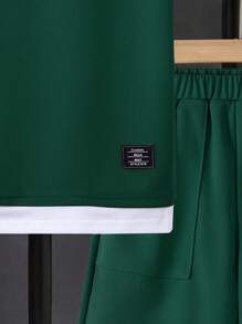 SHEIN Tween Boy Letter Patched Contrast Trim Tee & Shorts, School, Campus, College - Army Green - View 5