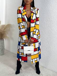 Slaydiva Abrigo con estampado geométrico de cuello con solapa - Multicolor - Ver 4