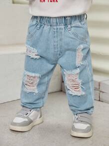 Baby Girl Solid Ripped Straight Leg Jeans - Light Wash - View 1