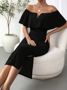 Firerie Off Shoulder Ruffle Trim Split Hem Bodycon Dress