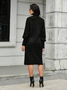 EURMUSE Women's Solid Color Button Design Turtleneck Long Sleeve Casual Knit Dress, Autumn/Winter - Black - View 2
