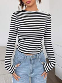 SHEIN EZwear Striped Print Crop Tee - Black and White - View 1