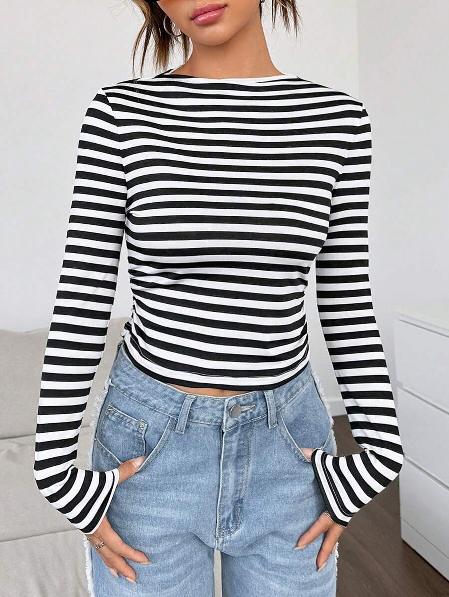 SHEIN EZwear Striped Print Crop Tee - Black and White - View 1