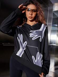 SHEIN Unity Hand Print Drop Shoulder Hoodie - Black - View 6