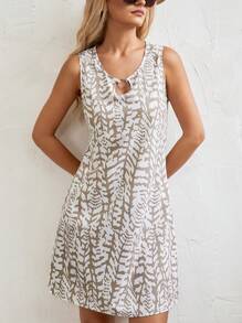 SHEIN LUNE Allover Print Tie Neck Dress