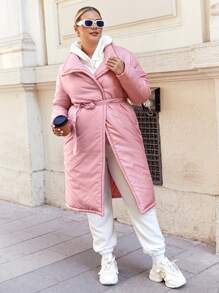 RueChic Plus Snap Button Belted Winter Coat - Pink - View 4
