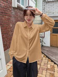 DAZY Áo sơ mi nữ Nút phía trước màu trơn Giải trí - trái cam - Xem 4