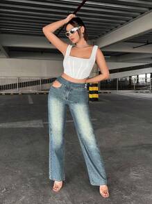 SHEIN ICON Cắt bỏ eo Quần legging thẳng - Rửa nhẹ - Xem 6