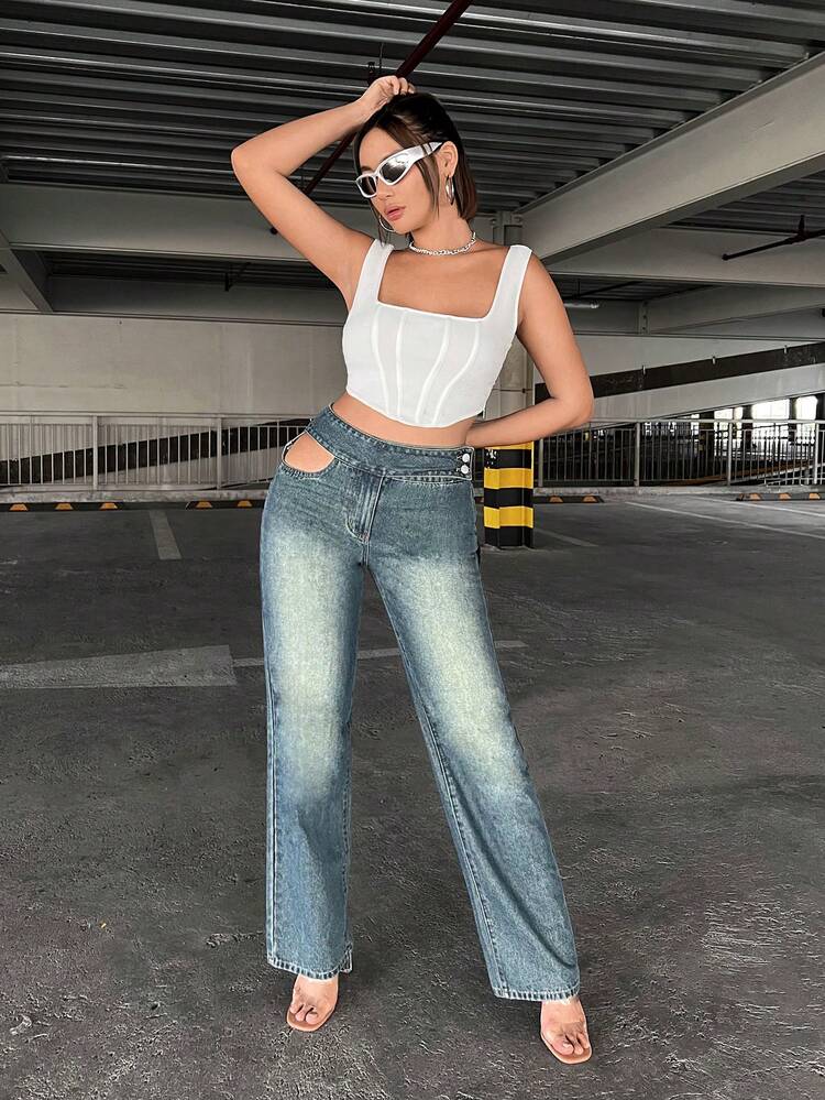 Cut Out Waist Straight Leg Jeans