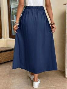 EMERY ROSE High Waist Button Detail Flare Skirt - Navy Blue - View 2