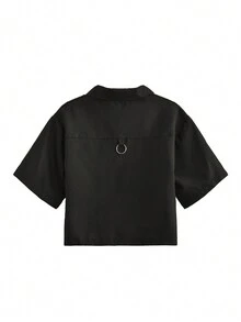 純色拉鍊短款襯衫 - 黑色 - 查看 2