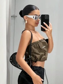 SHEIN ICON Zip Up Flap Detail Crop Tube Top - Army Green - View 8