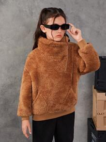 SHEIN Cô gái Tween Vạt trước một nửa khóa kéo Túi kangaroo Thả vai Teddy Áo nỉ - màu nâu - Xem 6