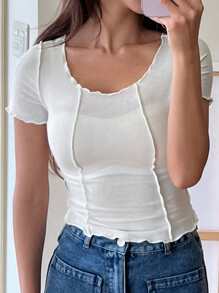 DAZY Lettuce Trim Seam Detail Tee - White - View 1