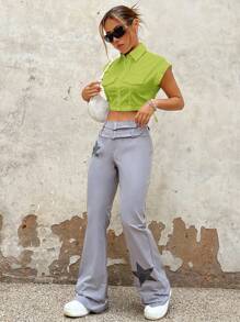 SHEIN ICON 翻蓋細節側抽繩短款襯衫 - 青檸色 - 查看 6