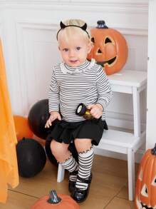 SHEIN 女嬰條紋印花荷葉邊T恤 - 黑與白 - 查看 1