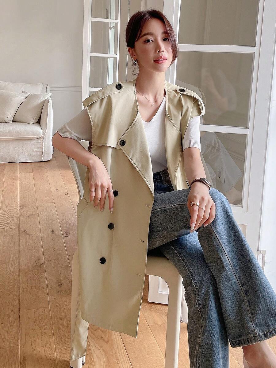 DAZY 雙排釦腰帶背心風衣外套 - 卡其色 - 查看 1