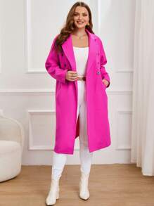 SHEIN Privé Plus Lapel Neck Double Breasted Overcoat - Hot Pink - View 3