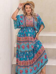 Rusttydustty Hơn In hoa áo tay bướm Xù Hoa Sen Đầm - Màu xanh lam - Xem 8