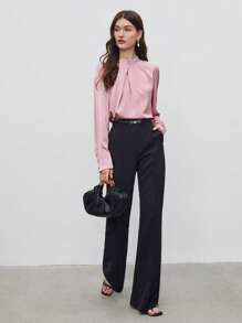 BizChic 女士纯色缎面褶皱长袖衬衫，商务休闲优雅女士正装衬衫，适合办公室穿着 - 粉色 - 查看 10