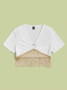 Soleia Chi tiết O-ring Fringe Hem Áo phông Crop - trắng - Xem 5
