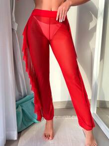 Swim Vcay Quần dài lưới mỏng viền bèo nhún màu trơn 2025, kỳ nghỉ ở bãi biển - Đỏ - Xem 7