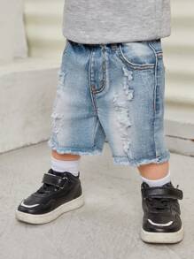 Baby Girl Ripped Raw Hem Jeans - Light Wash - View 6