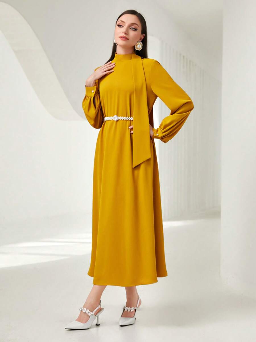 Modelyn Mock Neck Lantern Sleeve Dress Without Belt - Mustard Yellow - View 1