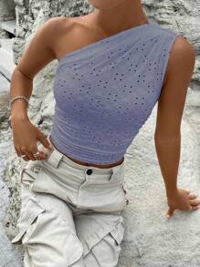 SHEIN Privé 單肩網眼刺繡側收褶短款上衣 - 紫丁香色 - 查看 1