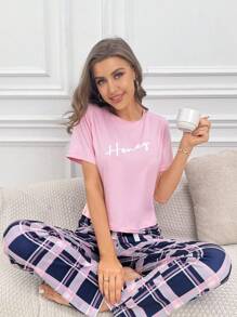 Letter Graphic Tee & Plaid Shorts & Pants PJ Set - Multicolor - View 8