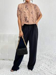 SHEIN Privé All Over Print Batwing Sleeve Mock Neck Blouse - Khaki - View 6