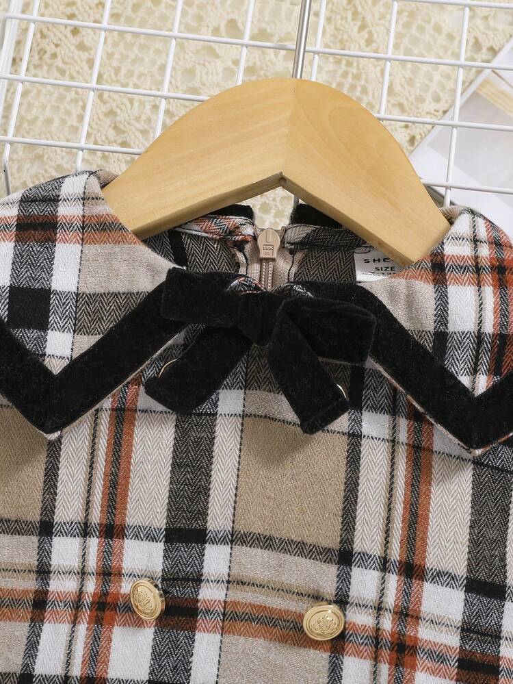 Baby Girl Vintage Peter Pan Collar Grid Patterned Long Sleeve Dress With Bowknot Decoration