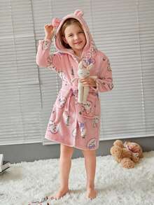 SHEIN Young Girl Cartoon and Letter Print Hooded Belted Flannel Sleep Robe - Pink - View 4