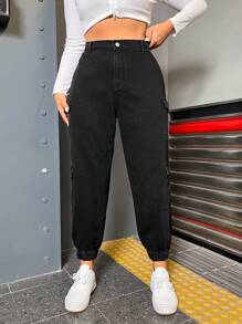 SHEIN ICON Hơn Cao eo Túi nắp bên cạnh Quần jean chở hàng - màu đen - Xem 5