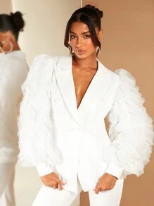 SHEIN BAE 西裝領荷葉邊燈籠袖西裝外套 - 白色 - 查看 3