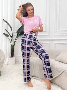 Letter Graphic Tee & Plaid Shorts & Pants PJ Set - Multicolor - View 3
