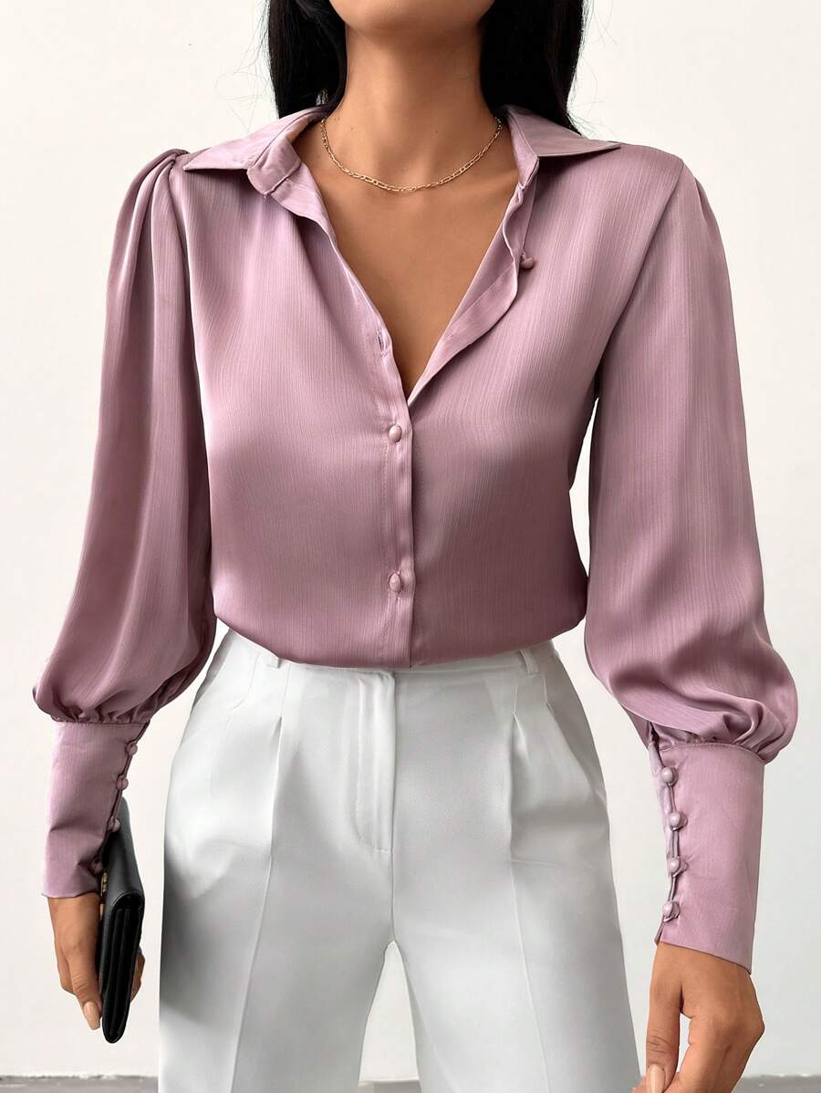 EURMUSE Chất rắn Nút phía trước Tay áo Đèn lồng Xa ten Áo sơ mi - Hồng - Xem 1