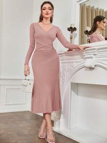 Modelyn Solid Wrap Cross Sweater & Mermaid Hem Knit Skirt - Dusty Pink - View 4