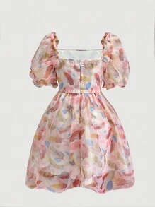 SHEIN MOD Feather Print Puff Sleeve Dress - Multicolor - View 2