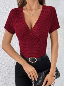 SHEIN Essnce Surplice Neck Ribbed Knit Tee - Burgundy - View 4