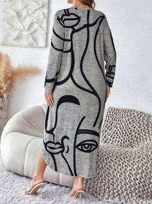 SHEIN LUNE 大碼人像圖案隱藏口袋弧形下擺T恤洋裝 - 淺灰色 - 查看 2