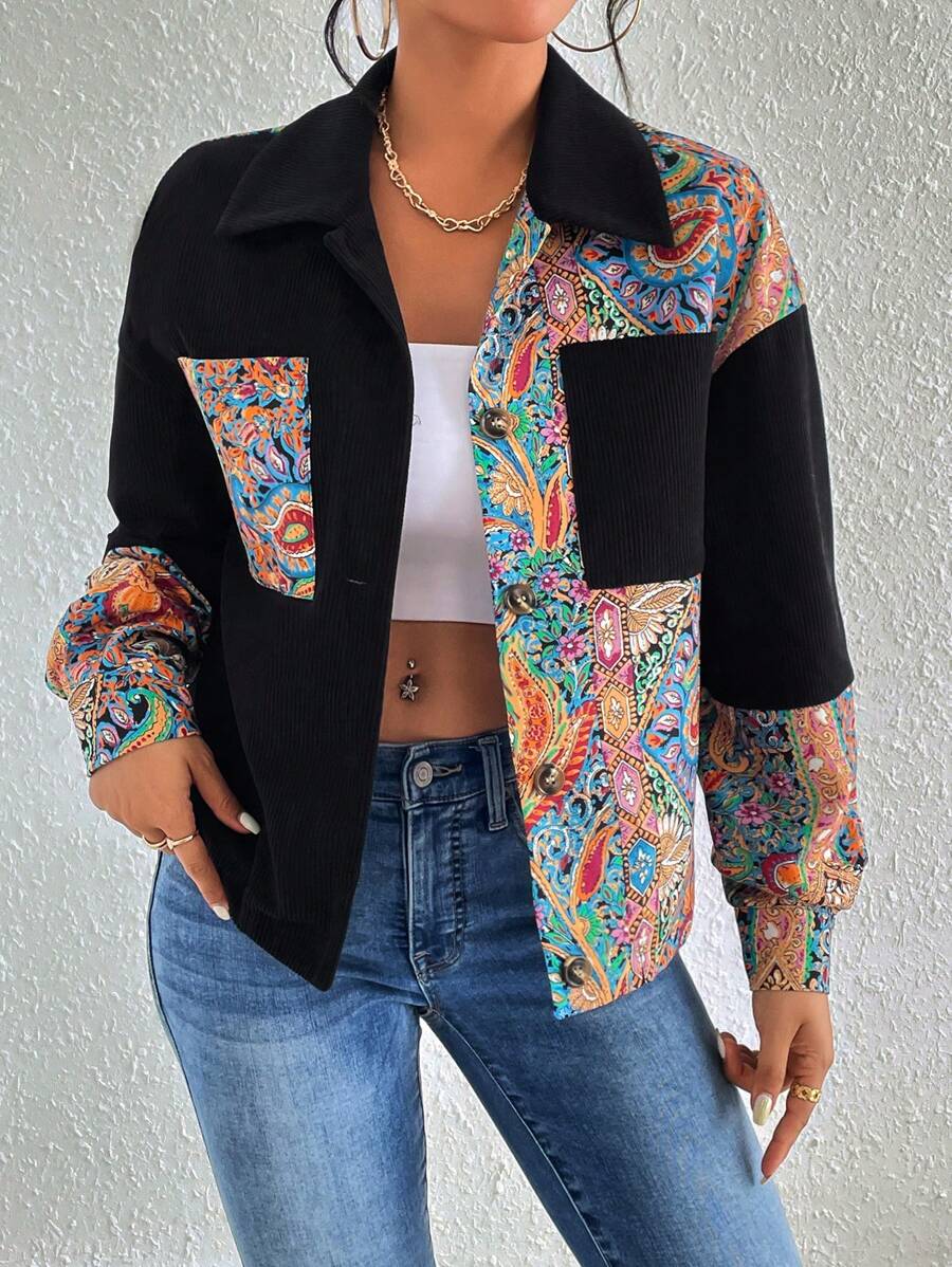 SHEIN LUNE 佩斯利印花落肩袖口袋貼布夾克 - 彩色 - 查看 1