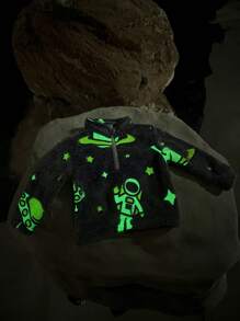 SHEIN Baby Girl Reflective Planet Print Half Zip Teddy Sweatshirt & Pants - Multicolor - View 1