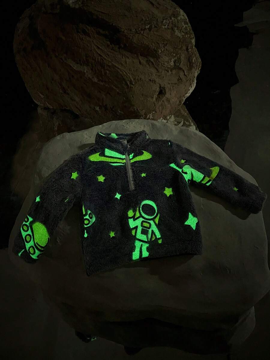 SHEIN Baby Girl Reflective Planet Print Half Zip Teddy Sweatshirt & Pants - Multicolor - View 1