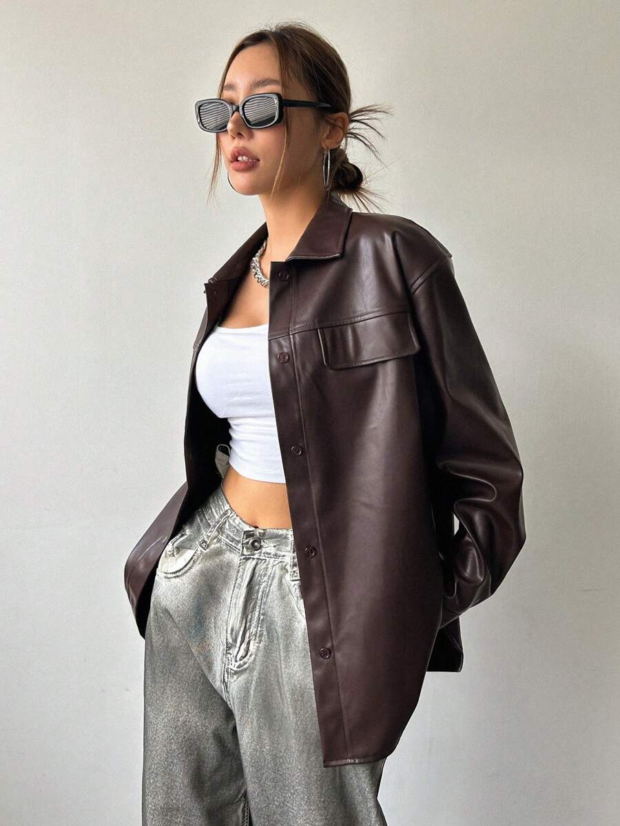 DAZY Camisa de patente con detalle de solapa y hombros caídos, blusas de manga larga, ropa de mujer de otoño - Marrón - Ver 1