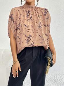 SHEIN Privé All Over Print Batwing Sleeve Mock Neck Blouse - Khaki - View 4