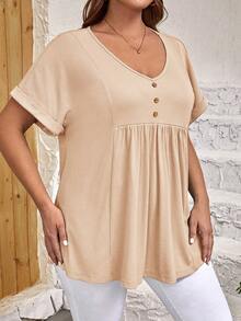 EMERY ROSE Plus Button Detail Batwing Sleeve Peplum Tee - Apricot - View 3